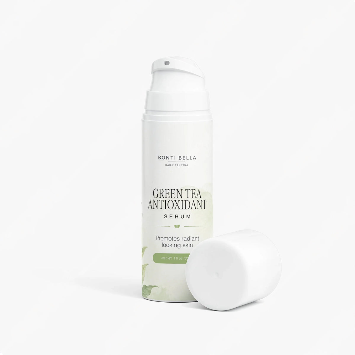 Bonti Bella Green Tea Antioxidant Serum bottle with pump cap removed