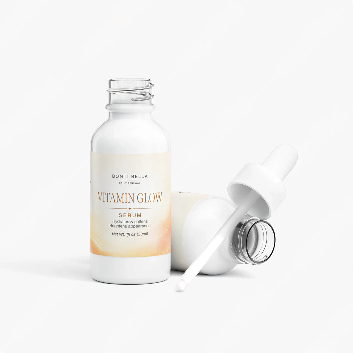 Bonti Bella Vitamin Glow Serum bottle with dropper, cap removed