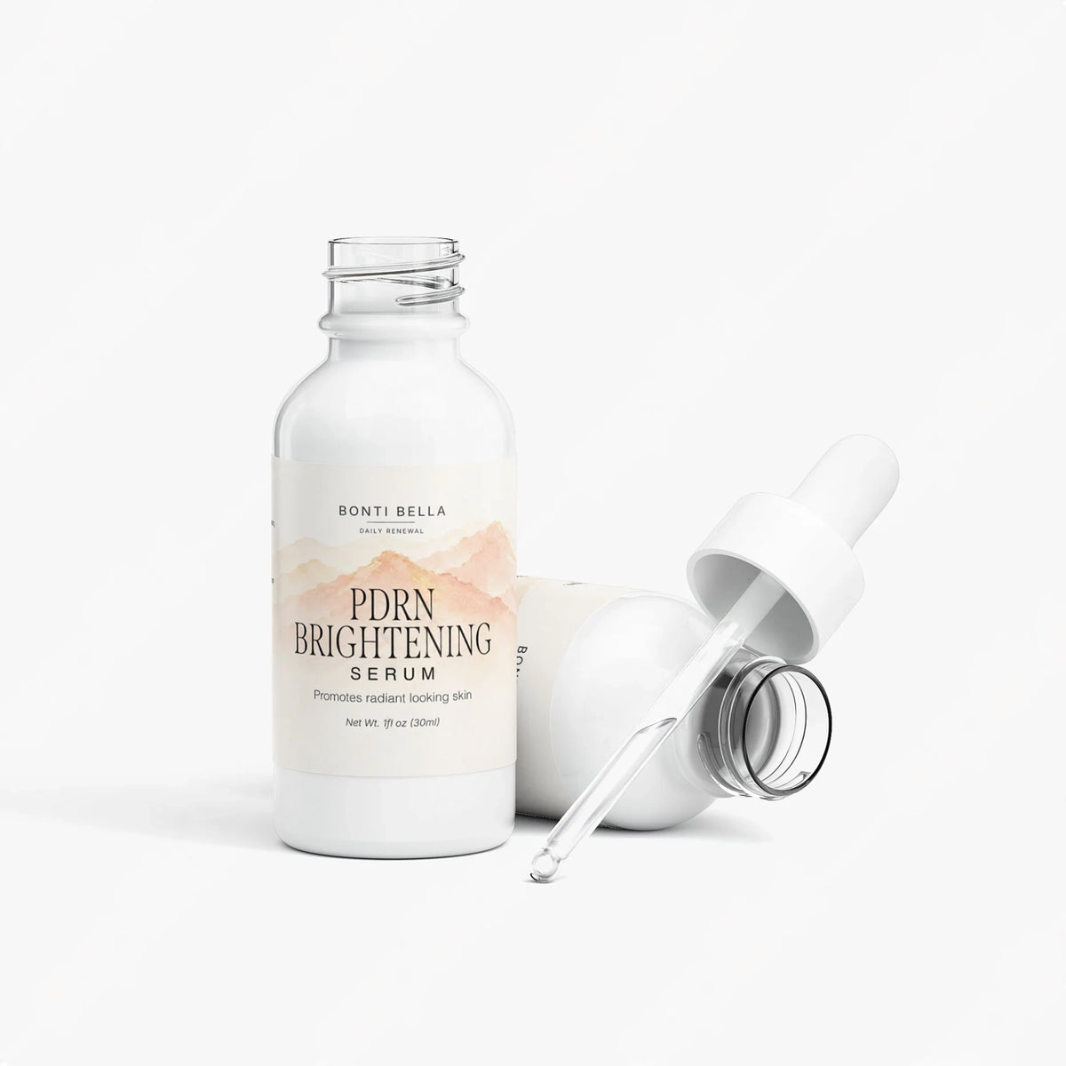 Bonti Bella PDRN Brightening Serum bottle with dropper, cap removed