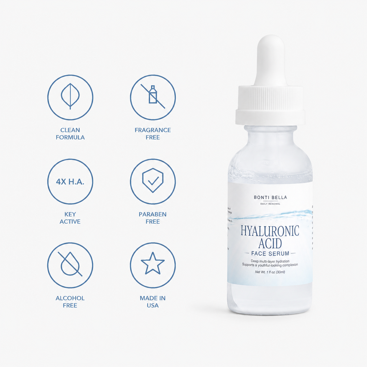 Bonti Bella Hyaluronic Acid Serum trust badges: clean formula, fragrance free, paraben free, alcohol free, made in USA