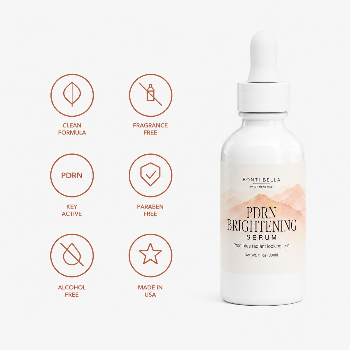 Bonti Bella PDRN Brightening Serum trust badges: clean formula, fragrance free, paraben free, alcohol free, made in USA