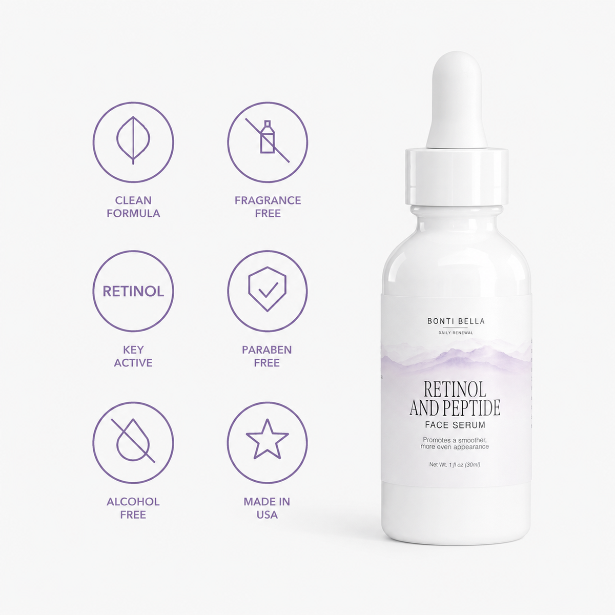 Bonti Bella Retinol and Peptide Face Serum trust badges: clean formula, fragrance free, paraben free, alcohol free, made in USA