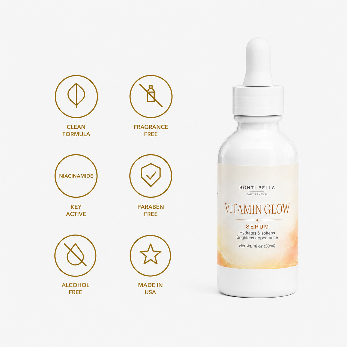 Bonti Bella Vitamin Glow Serum trust badges: clean formula, fragrance free, paraben free, alcohol free, made in USA