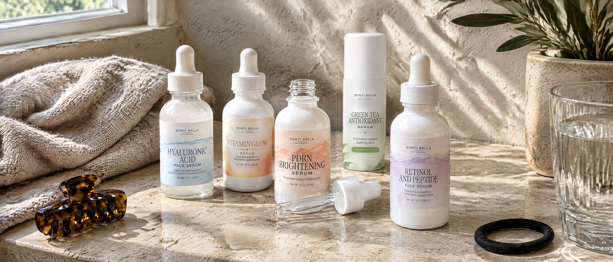 All five Bonti Bella serums on a lived in limestone bathroom counter in morning light, with a towel, claw clip and glass of water